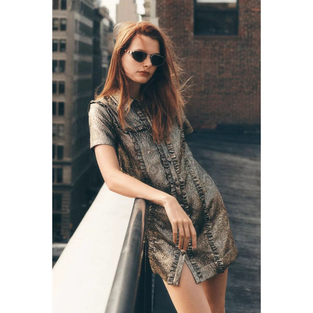 By Anthropologie Short-Sleeve Metallic Brocade Mini Dress XS Modern Boho 60 City